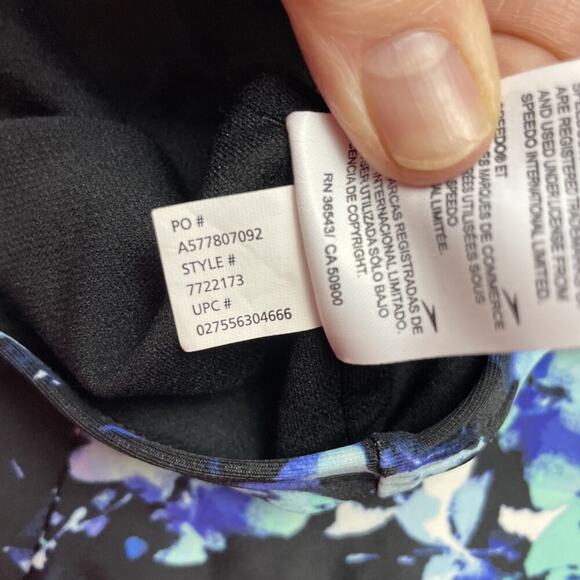 Speedo One Piece Swimsuit Womens XXL Blue Black Abstract Padded Keyhole Tie Neck - Picture 6 of 10